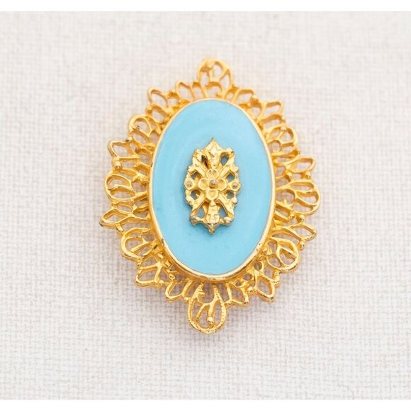 Vintage Victorian Blue Oval Intricate Brooch Pin Accessory - A11 - Picture 1 of 2